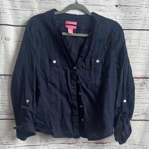 Isaac Mizrahi 100 % Linen Navy Button-Up Shirt
